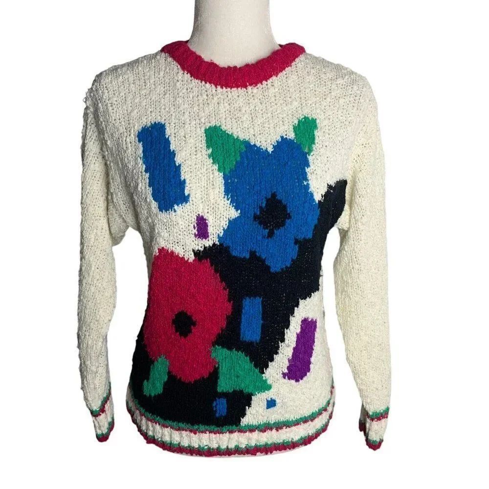 Vintage 80s Boucle Knit Pullover Sweater S White Floral Long Sleeves Crewneck